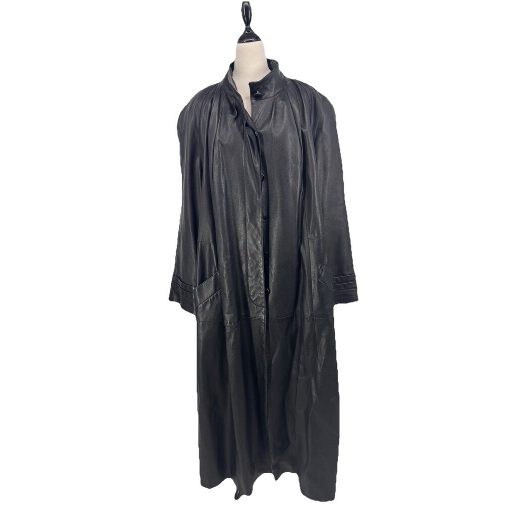 Vintage Bettina Black Leather Trench Coat Long Sz 14 Large Grunge Goth 90s Y2K